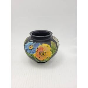 Vintage Tiffin Vase, Black Satin Glass, Coralene Poppy Flowers